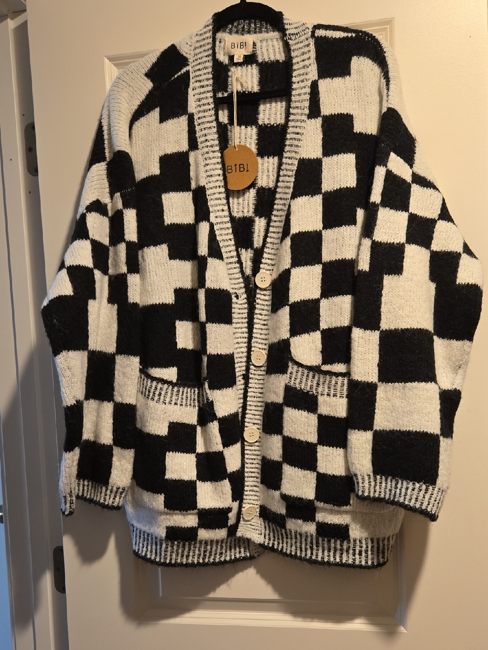 BiBi Black and Cream Checkerboard Oversized Cardigan - Picture 2 of 2
